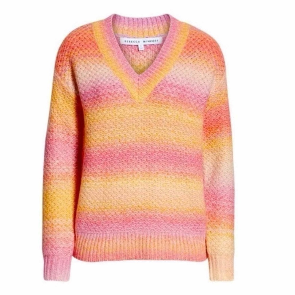 Rebecca Minkoff Colorful V-Neck Knit Andy Sweater Pink Orange Long Sleeve Sz M